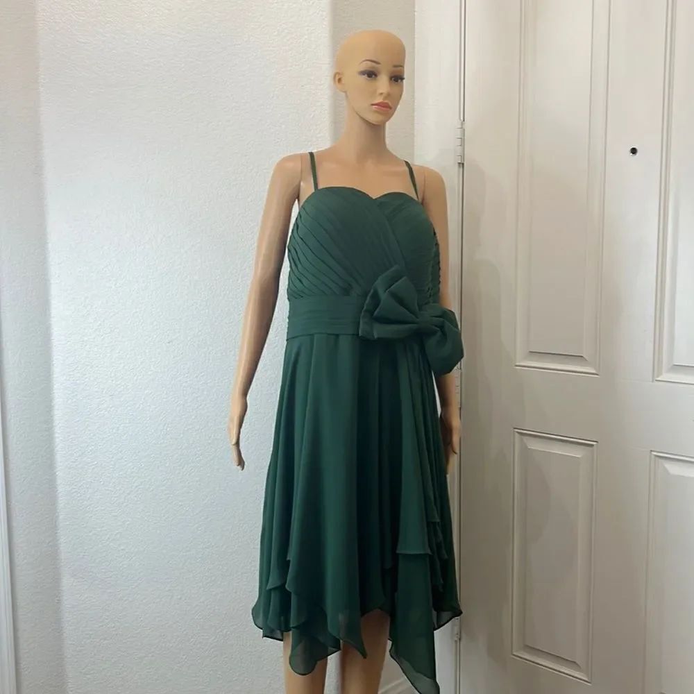 Forest Green Dress Spaghetti Straps Bow Handkerchief Hem Party Prom Formal Midi